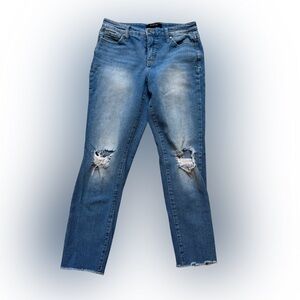 Energie | Medium Wash Distressed Straight Jeans, Raw Hem, Size 5